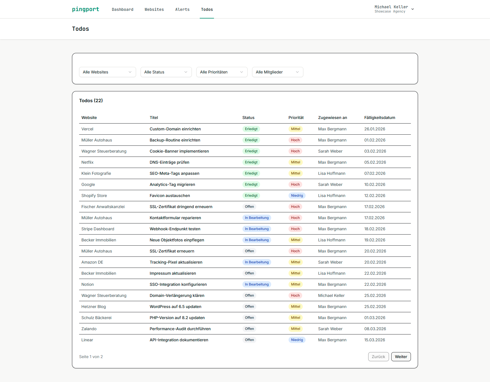 pingport Todo-Liste mit Priorität, Zuweisung und Fälligkeitsdatum