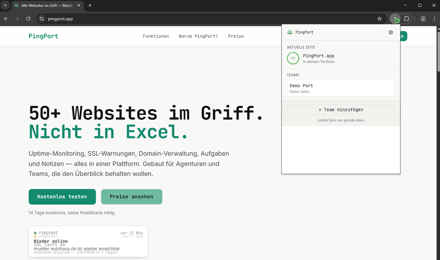 Extension-Popup mit Health Score auf einer verwalteten Website